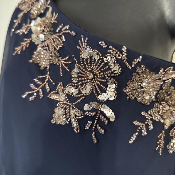 NWT ADRIANNA PAPELL Blue One Shoulder Sequin Trim Overlay Jumpsuit - Size 14 - Picture 5 of 9